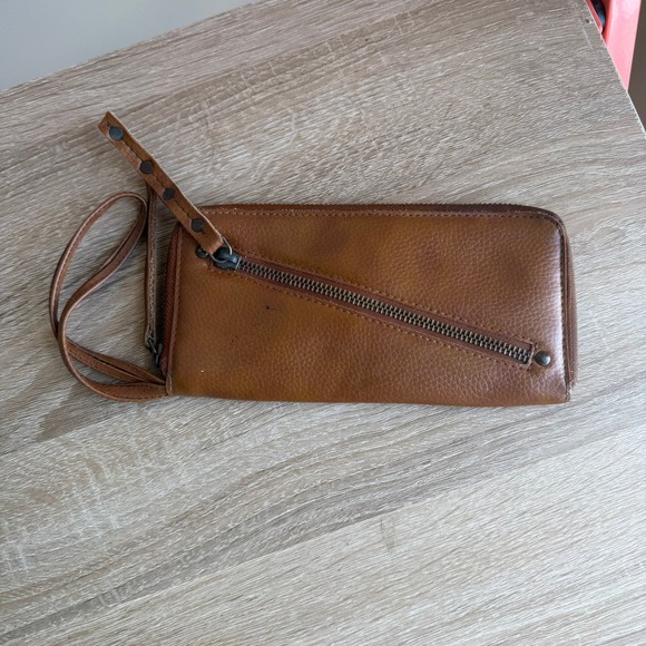 Free People Handbags - Free People Vegan Leather Zip Around Wristlet Wallet Tan Brown Boho Studded